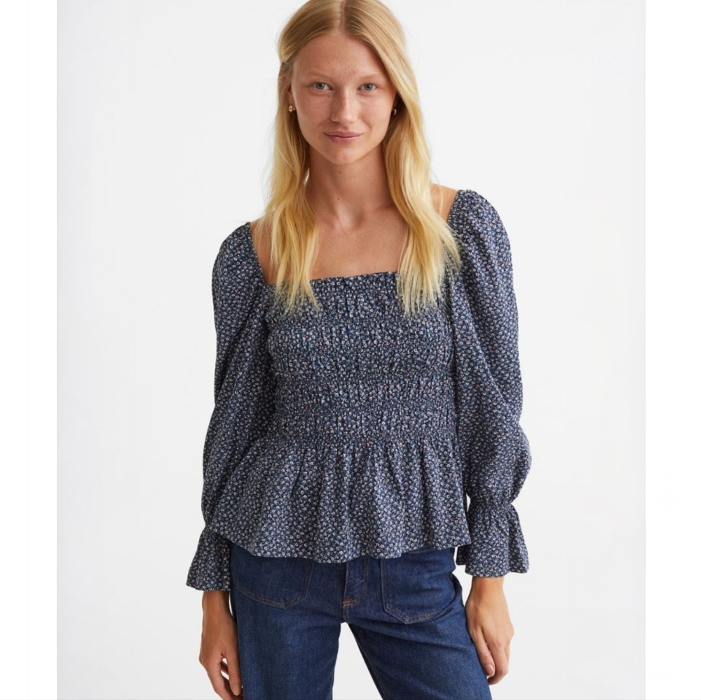 H&M Navy Blue Floral Smocked Peplum Blouse